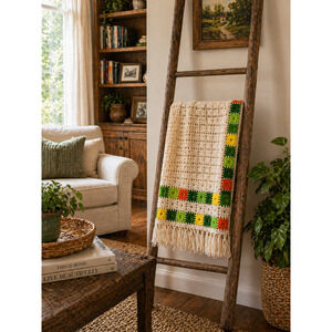 Hand Crochet Blanket Cream Multicolor with Fringe on Sides 60" x 70"